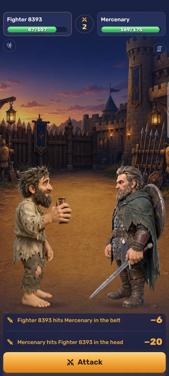 A duel in progress: two fighters face each other while the log reports a strike to the belt and a strike to the head