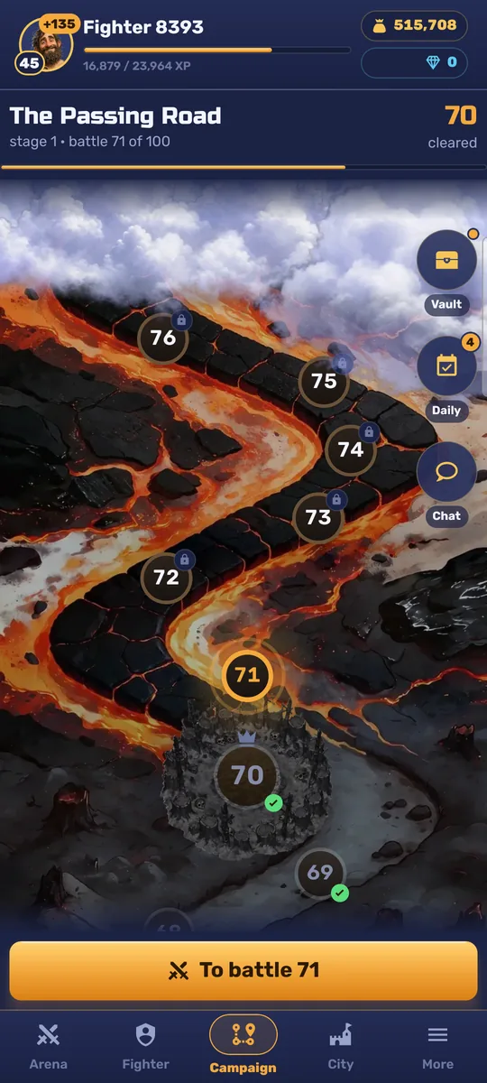 The campaign map: numbered nodes climb a road across black rock and rivers of lava
