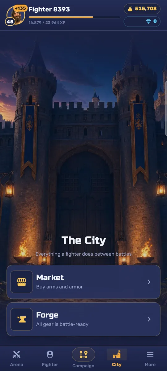The city gate at dusk with torches lit, offering the market and the forge