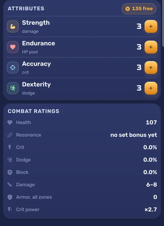 The fighter sheet: strength, endurance, accuracy and dexterity above a list of combat ratings