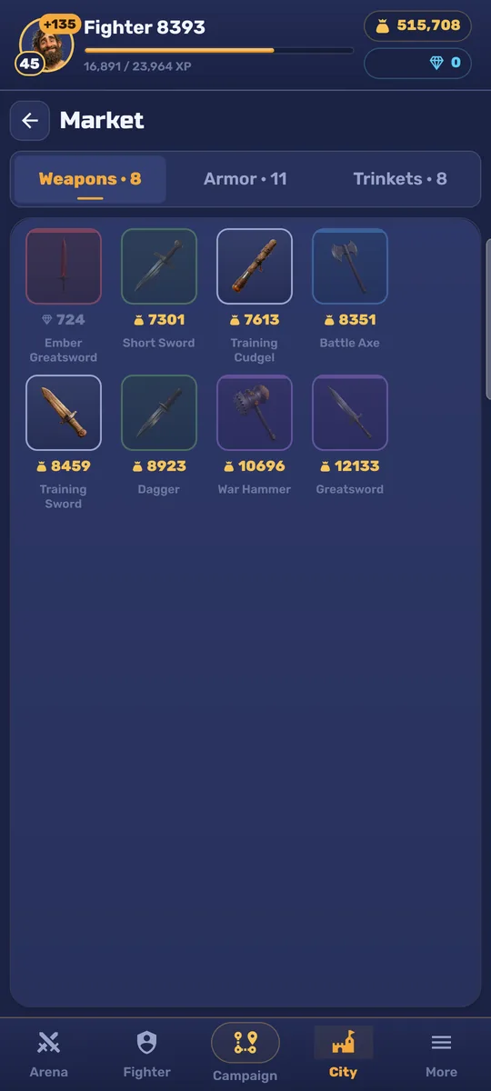 The market: weapon cards with rarity coloured borders and prices in gold
