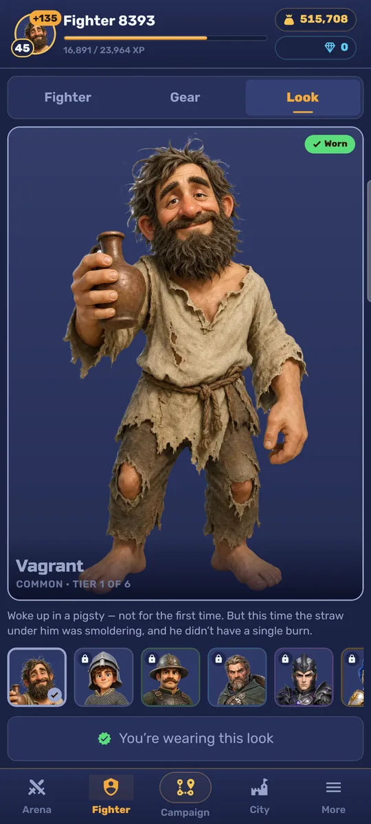 The wardrobe: the Vagrant outfit at full height, with locked outfits in a row below